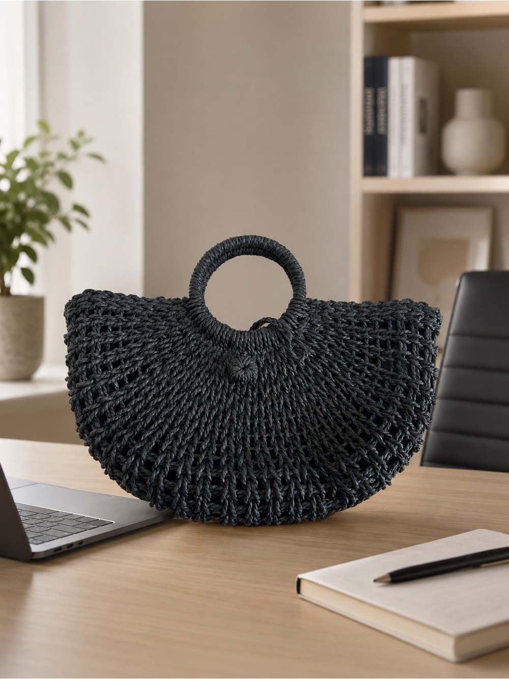 Woven Half-Moon Handbag with Round Handles - Black